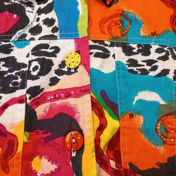 Choices Lightweight Denim 3/4 Sleeve Jacket Wild Bold Colorful Art Funky Sz Med - Picture 8 of 10